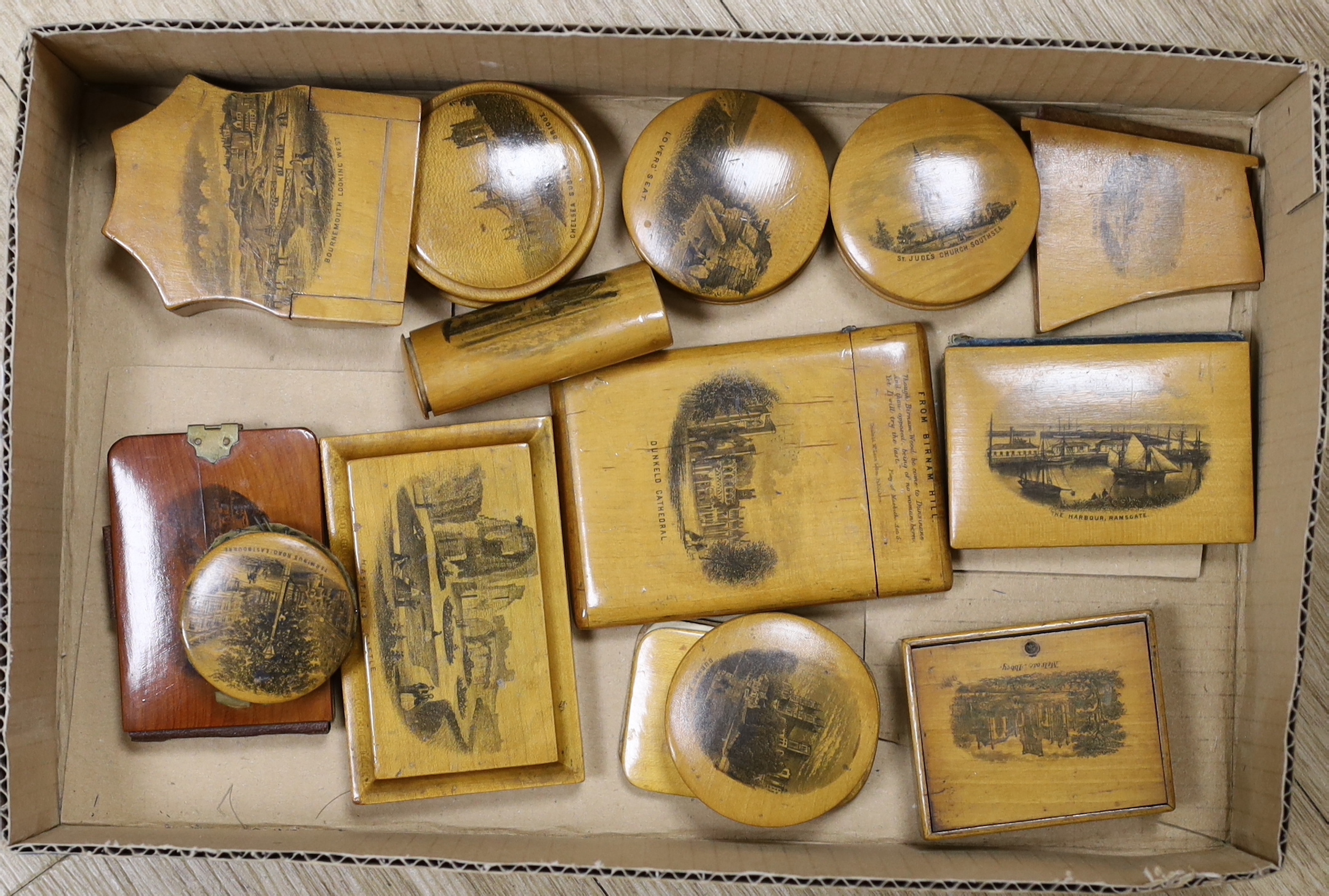 A collection of mixed Mauchline wares Including napkin rings and miniature boxes